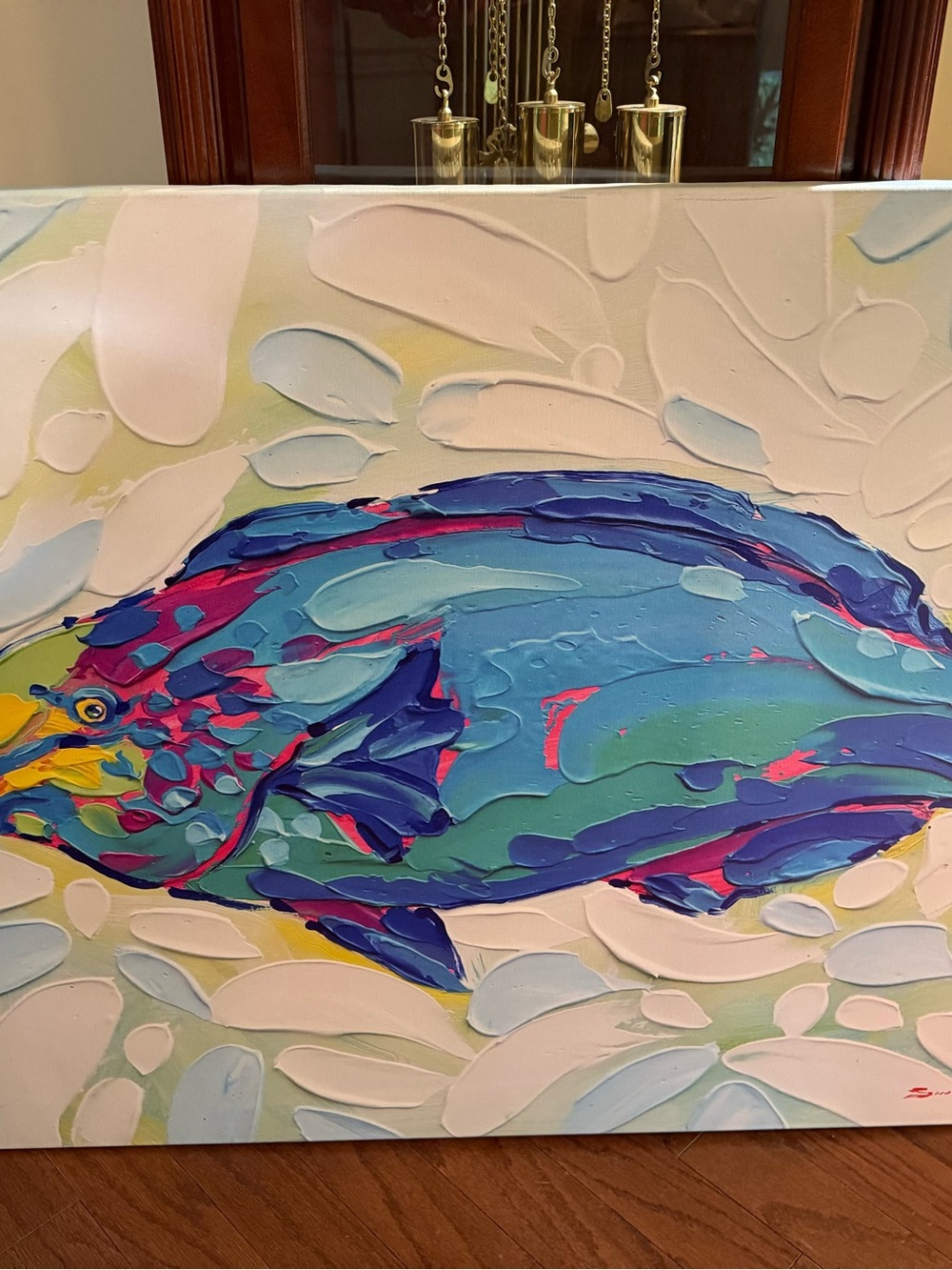 Abstract Textured Fish Canvas Wall Art in Blue, Teal & Pink